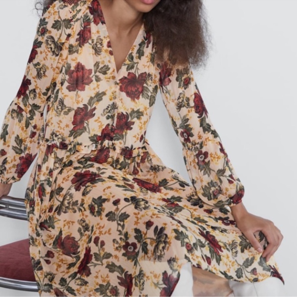 Zara Cream Midi Dress with Burgundy Floral Print